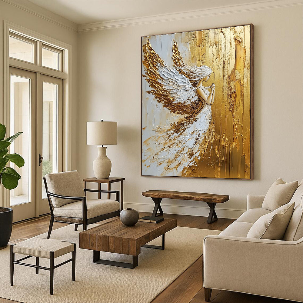 Large abstract painting in gold and white colors created with palette knife oil paint for a striking modern decor piece.STSC007