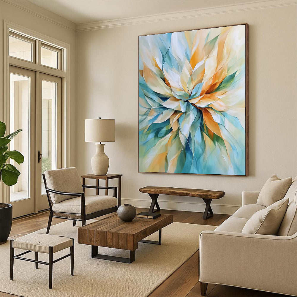 Abstract painting of a flower in light blue and beige with soft lines and pastel tones featuring accents of orange and green for depth.STSC670