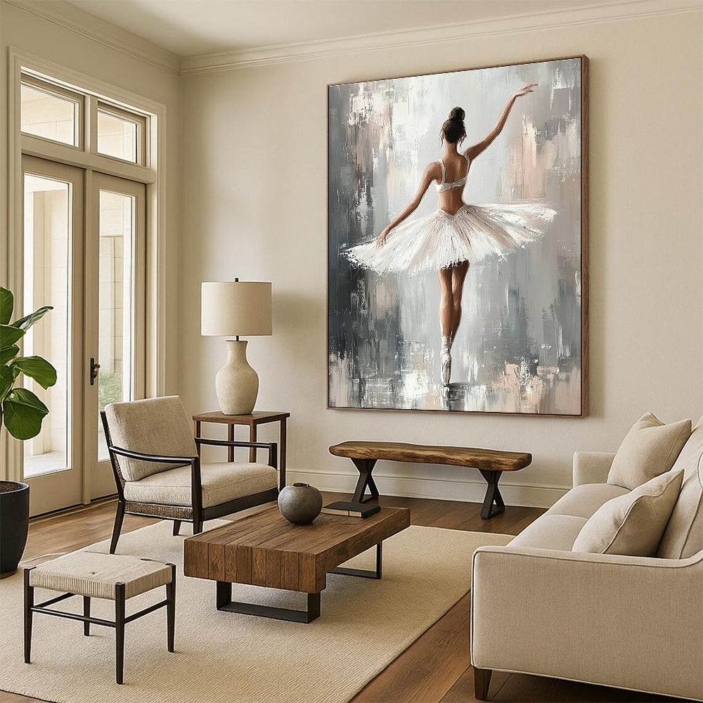 Large abstract painting of a ballerina in a white tutu with soft brush strokes on a grey background featuring a neutral color palette and canvas texture.STSC1380