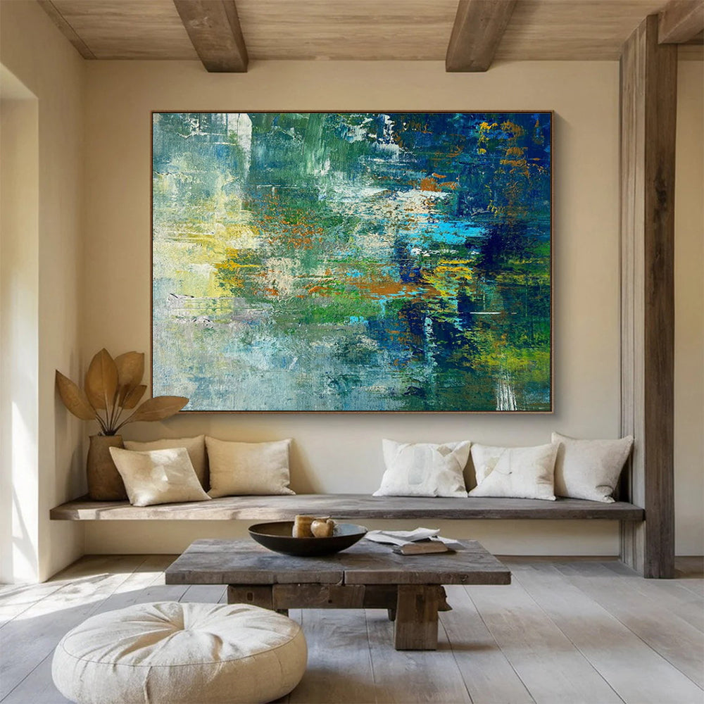 Green Blue Abstract Painting with Forest Stream Motifs THY353
