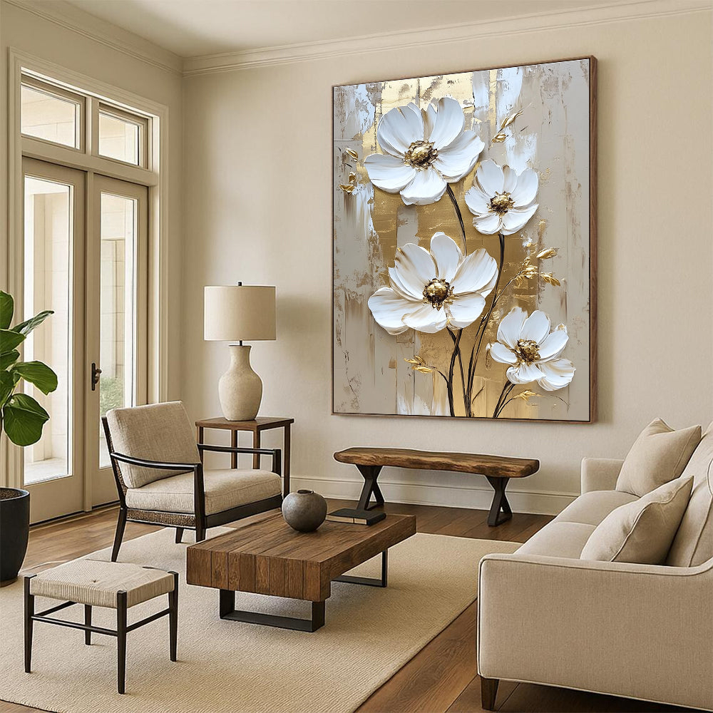 Abstract white daisy flowers with gold accents on a textured background create a stunning wall art painting that elevates any space.STSC510
