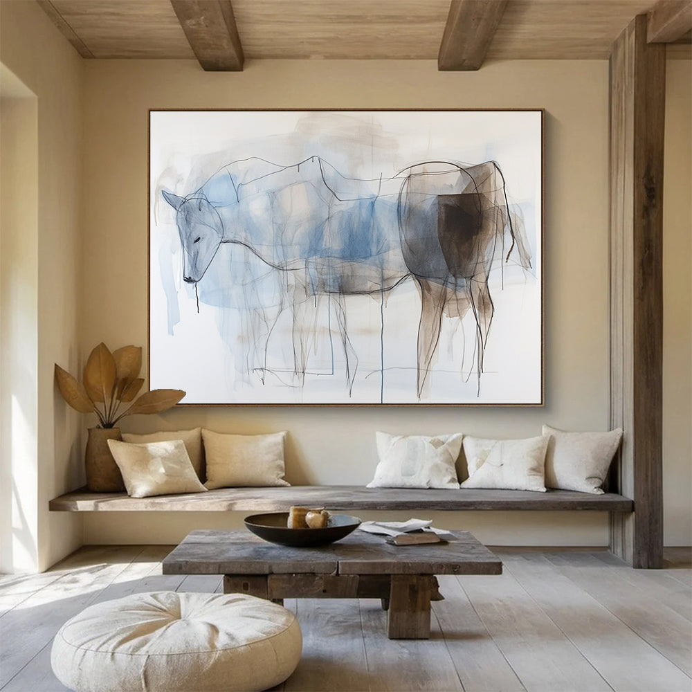 Line Drawing Horse Abstract Painting with Blue and Brown DYP329