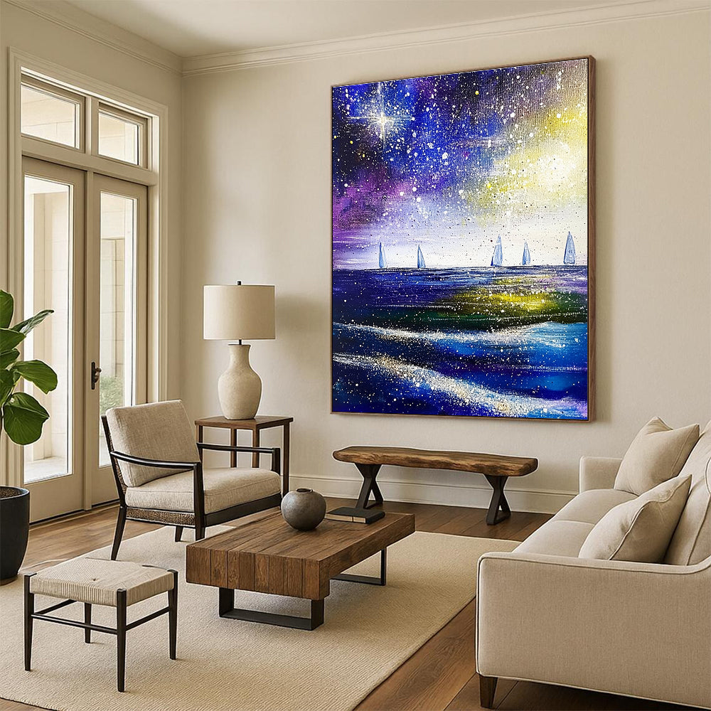 Large abstract painting of the sea and sky featuring stars and distant sailboats in vibrant shades of purple blue green and white.STSC852