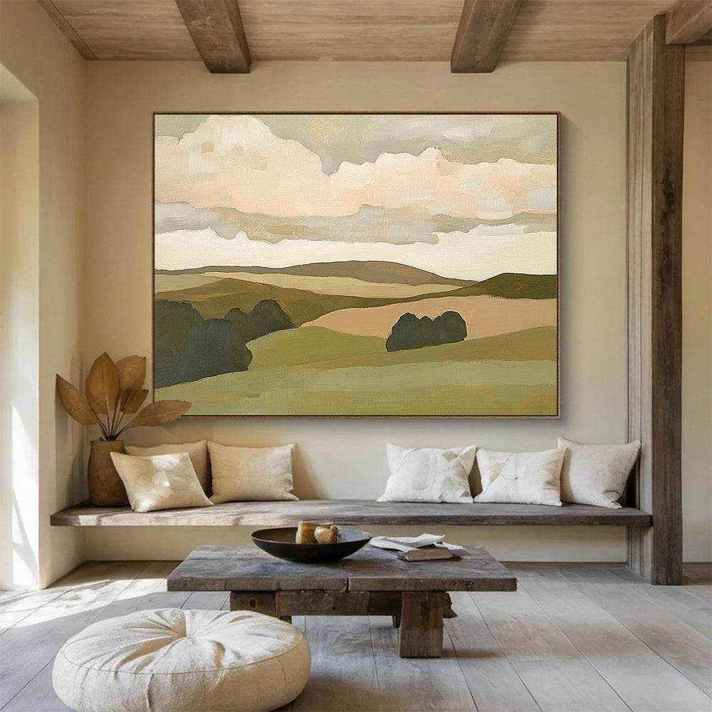 Minimalist Hill Landscape Abstract Painting with Green and Beige Tones DYP563