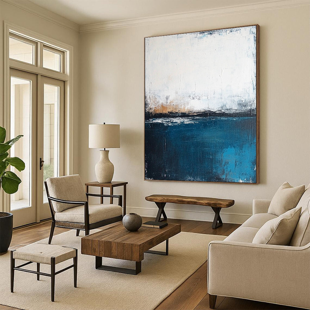 White Blue and Brown Abstract Painting with Minimalist Serenity GER399
