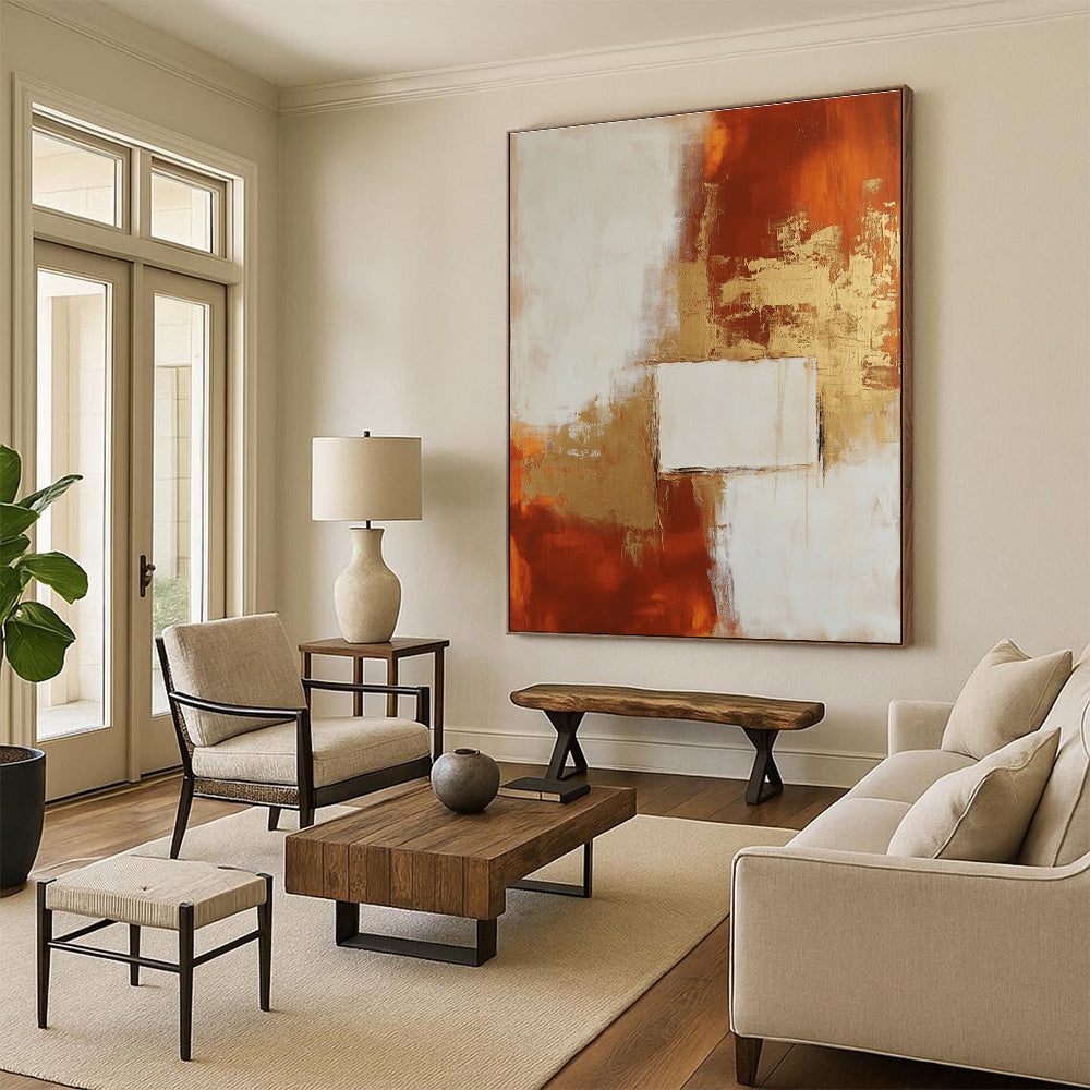 Large abstract painting in minimalist style featuring beige and rust colors with elegant gold accents for a modern aesthetic.STSC244