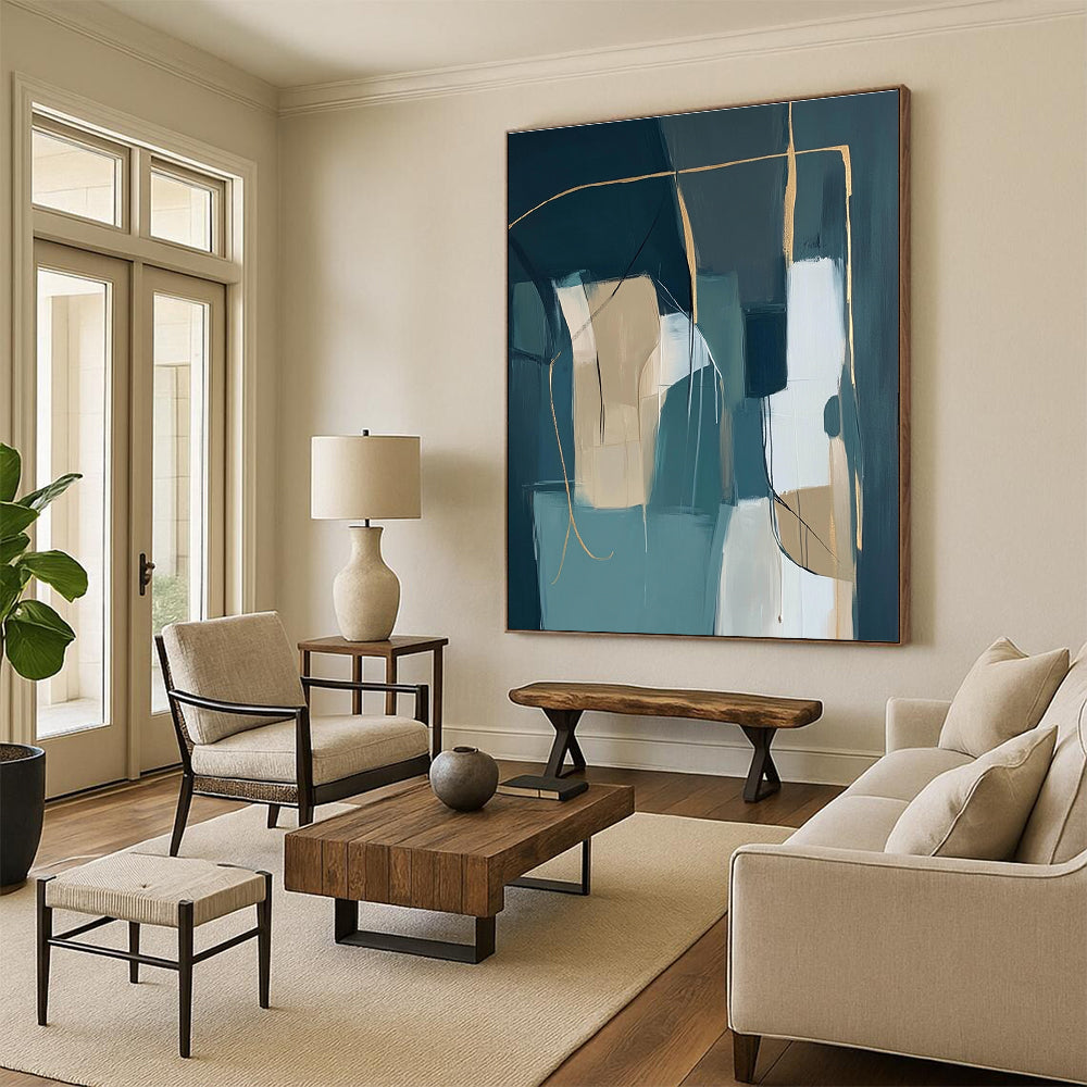 Teal and Beige Abstract Painting with Geometric Lines GER463