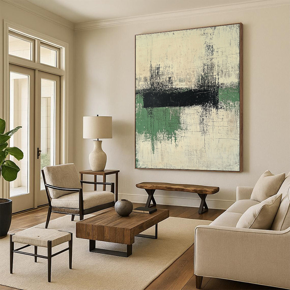 Black and Green Abstract Painting with Textured Layers GER561
