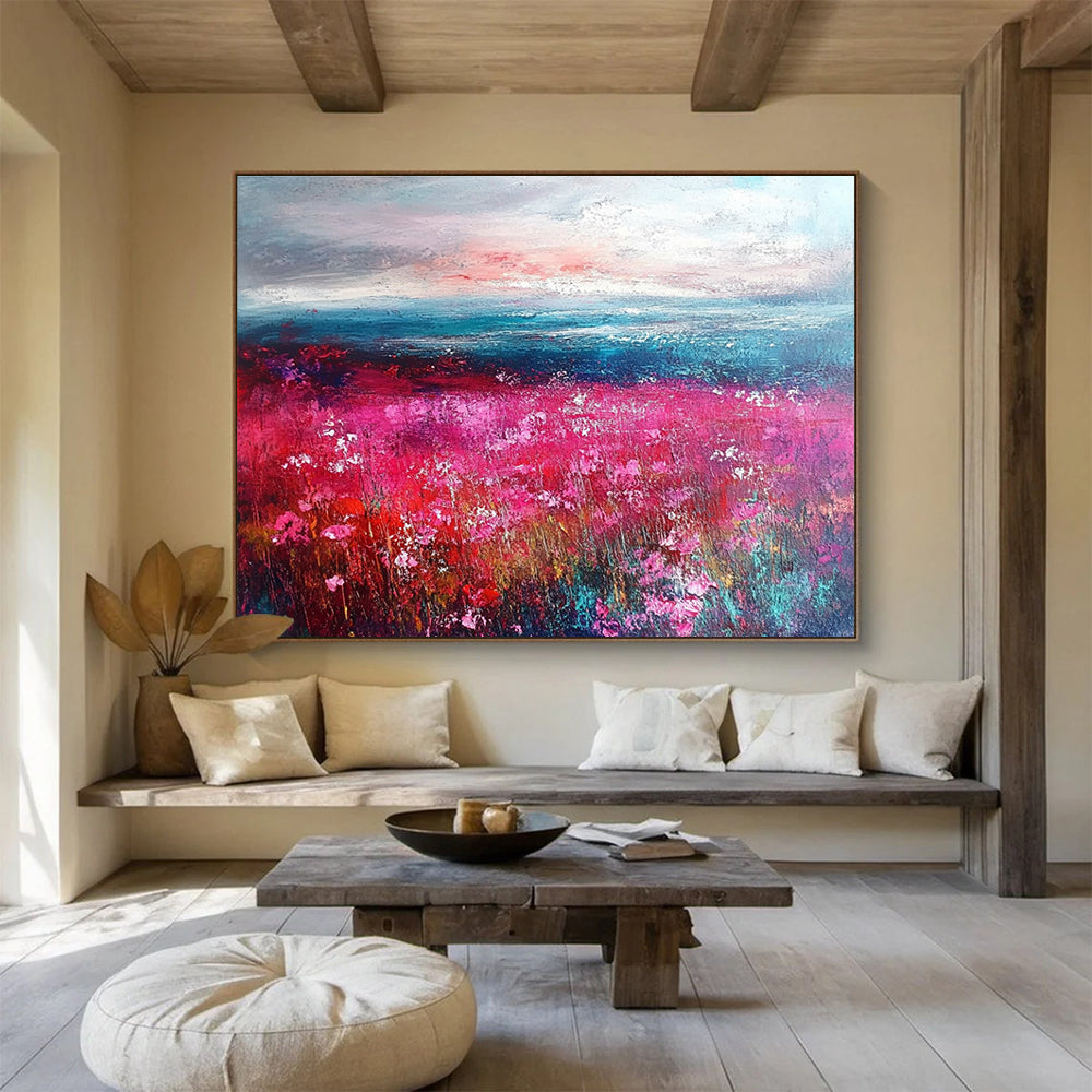 Pink Flower Field by the Sea Abstract Painting DYP472