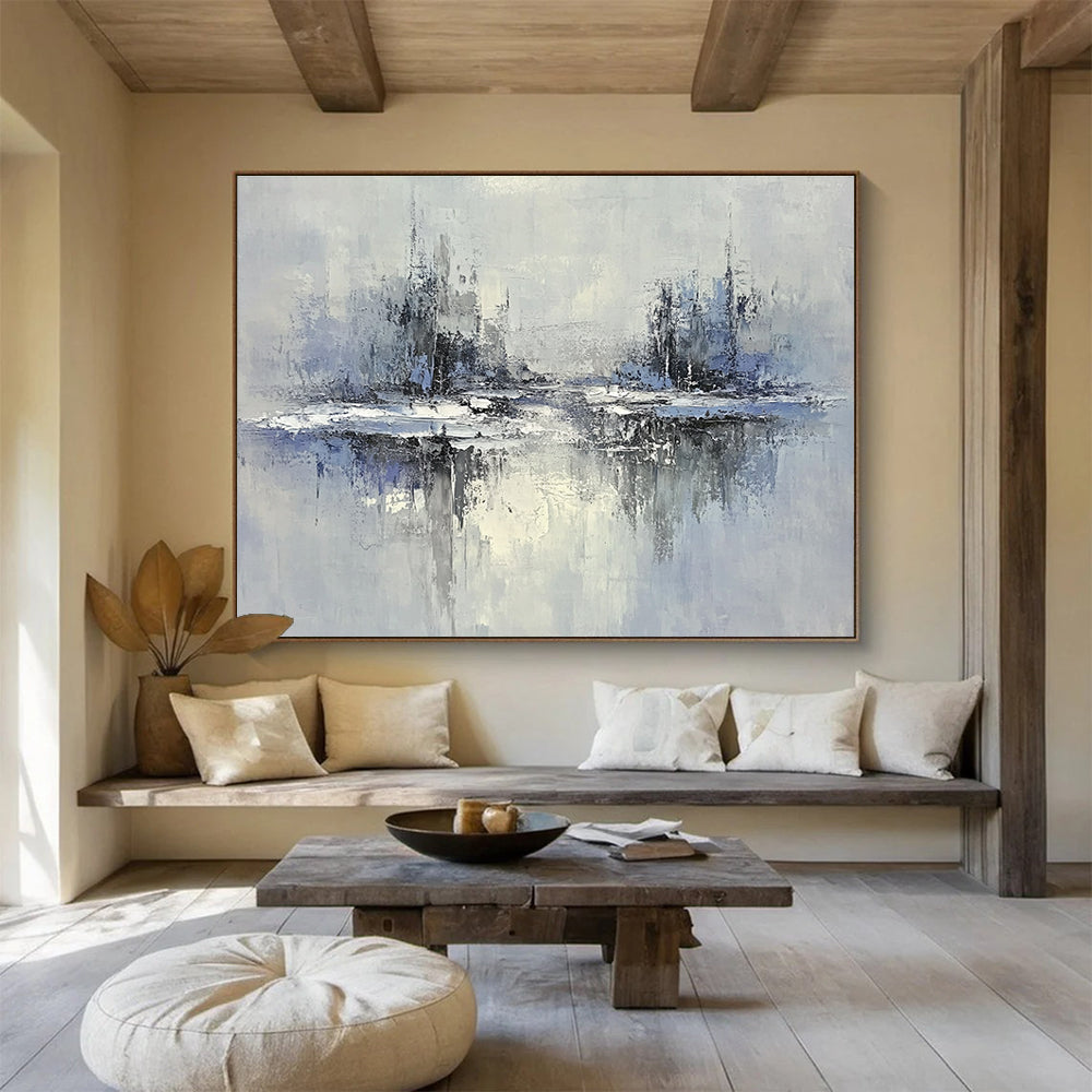 Blue and Gray Cityscape Reflection Abstract Painting with Subtle Textures DYP334