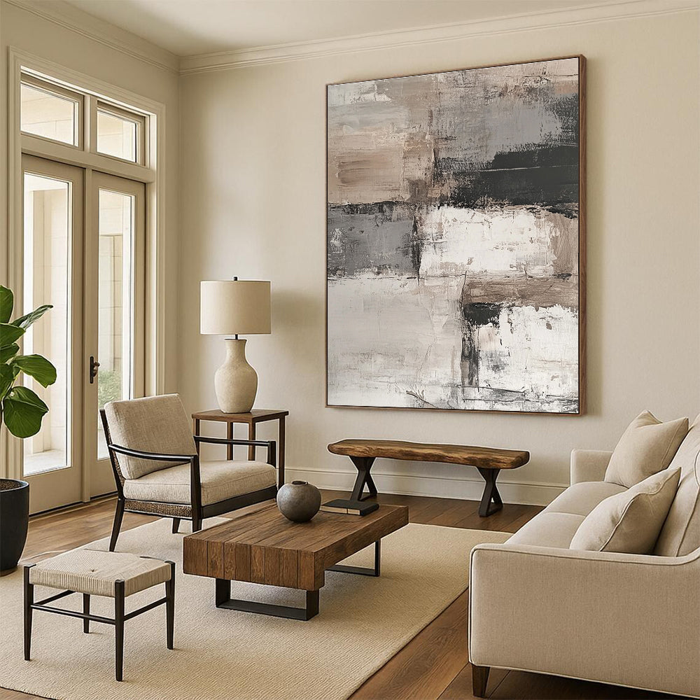 Abstract painting featuring an aged white brick wall with peeling paint, set against a muted background of grey, beige, and brown tones.STSC269