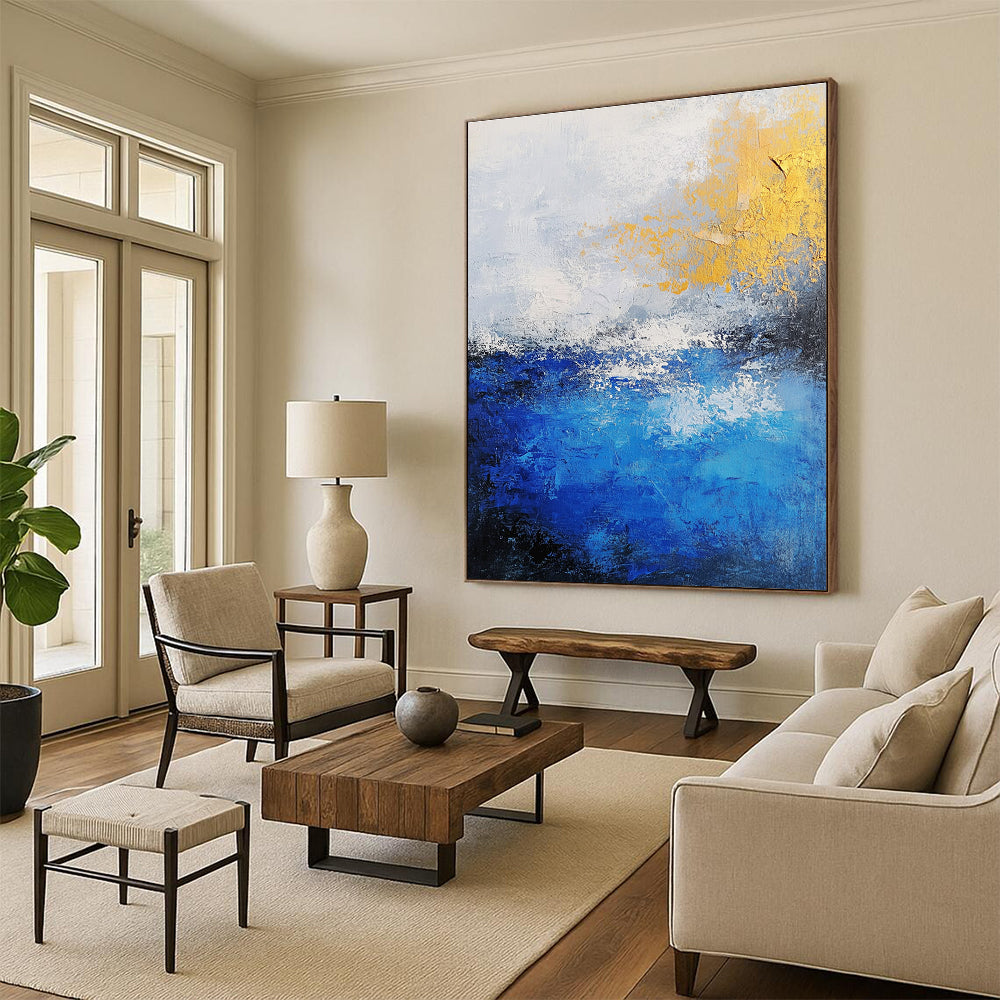 Gold - Accented Blue and White Abstract Painting GER310