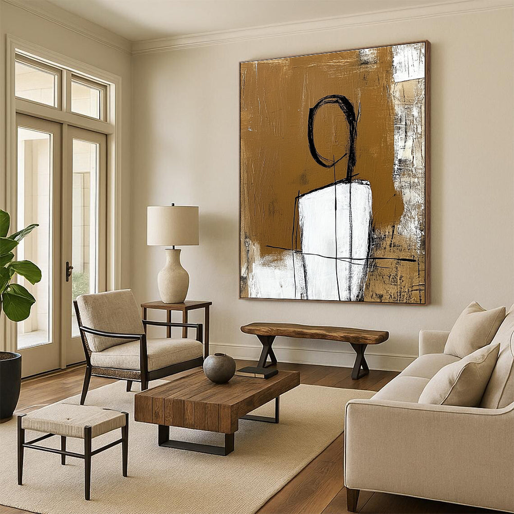 Large abstract painting with a white figure outlined in thick black lines set against an amber brown textured background.STSC050