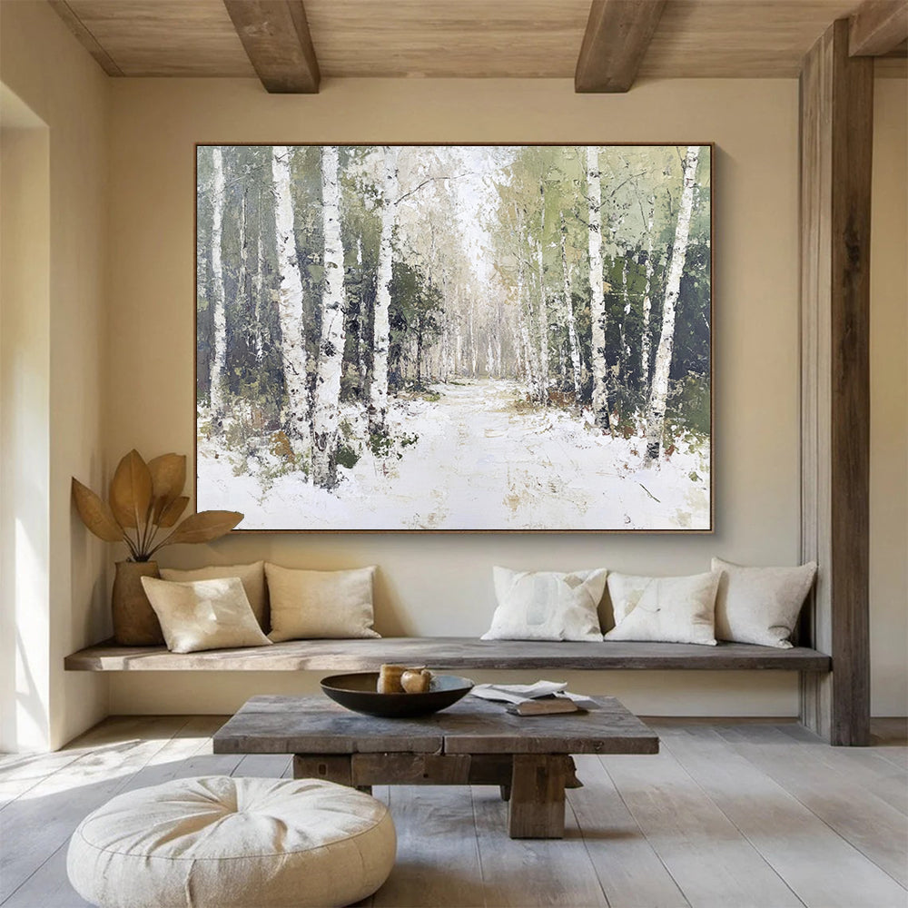 A large abstract painting of birch trees with white bark and green leaves, featuring soft lighting and textured tree trunks against a snowy ground.SC466