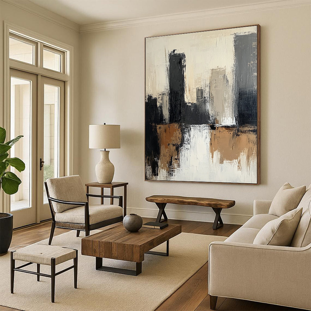 Black White and Brown Abstract Painting with Cityscape Motifs GER489