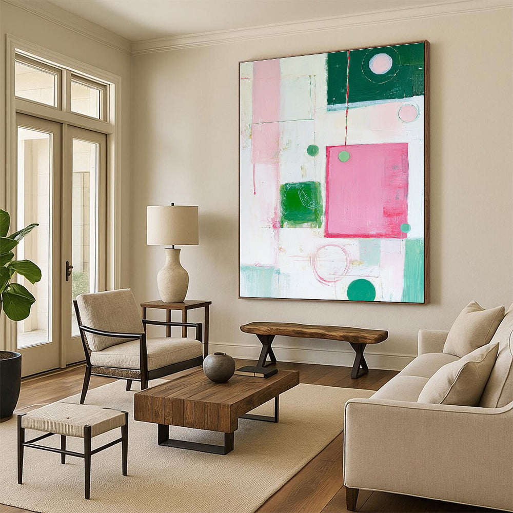 Pink Green Abstract Painting with Playful Forms GER518
