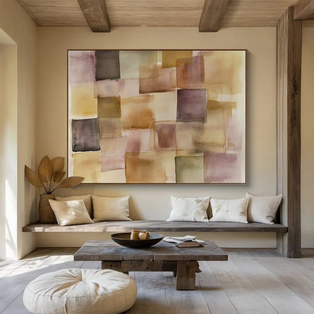 An abstract painting featuring soft pastel squares and rectangles in earthy tones of beige and brown, inspired by Paul Klee's style.SC619