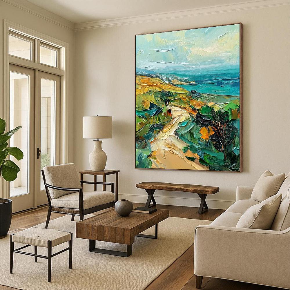 Large abstract painting featuring green hills and teal sea using palette knife technique on canvas with rich texture and vibrant colors.STSC082
