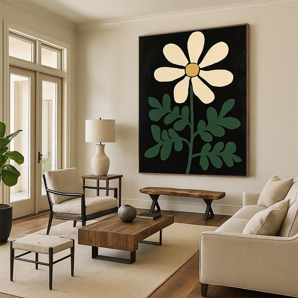 Large abstract painting featuring green fern and white flower on a black background inspired by the styles of Henri Matisse and Bob Staake.STSC1300