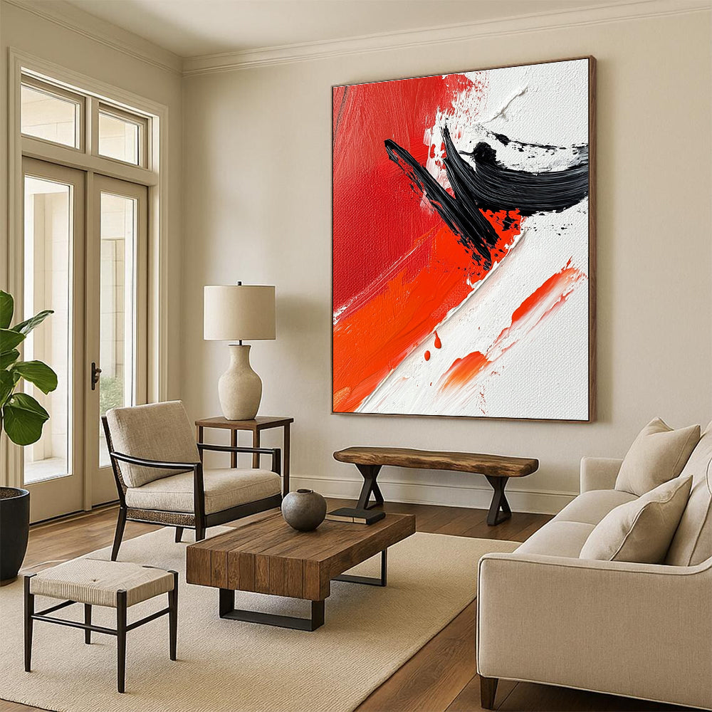 Red and Black Dynamic Abstract Painting with Bold Brushstrokes GER652