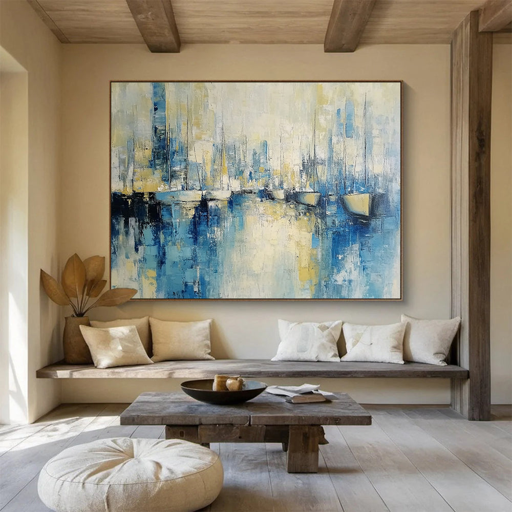 Abstract Harbor Scene Painting with Blue and Yellow Tones DYP513