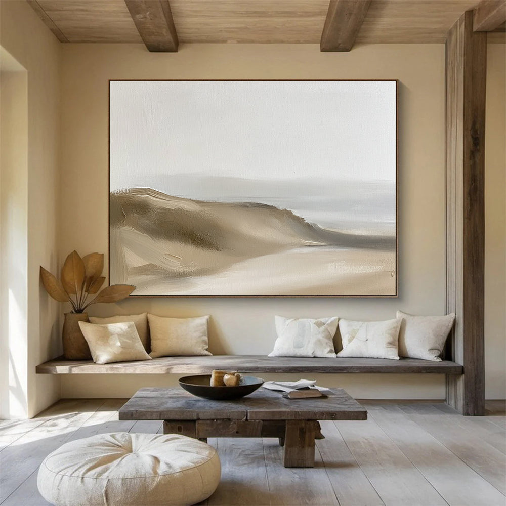 Large abstract painting of minimalist sand dunes in neutral beige and grey tones with thick brush strokes and low-contrast composition.SC598