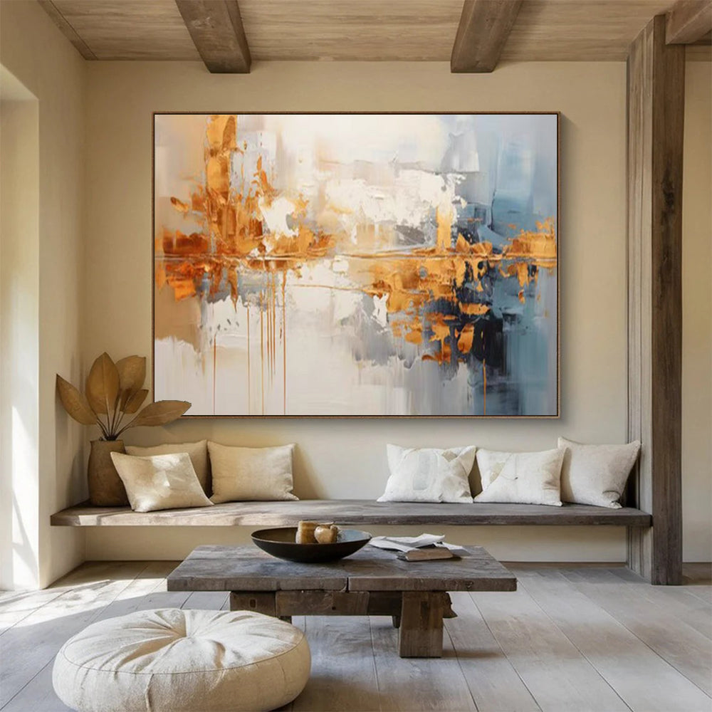 Gold and Blue Abstract Painting with Metallic Gold and Cool Blue Tones THY183