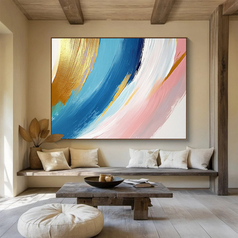 Gold Blue Pink - Flowing Brushstrokes Abstract Painting DYP035