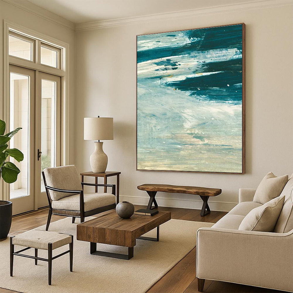Teal and White Abstract with Textured Layers Painting ADGE176