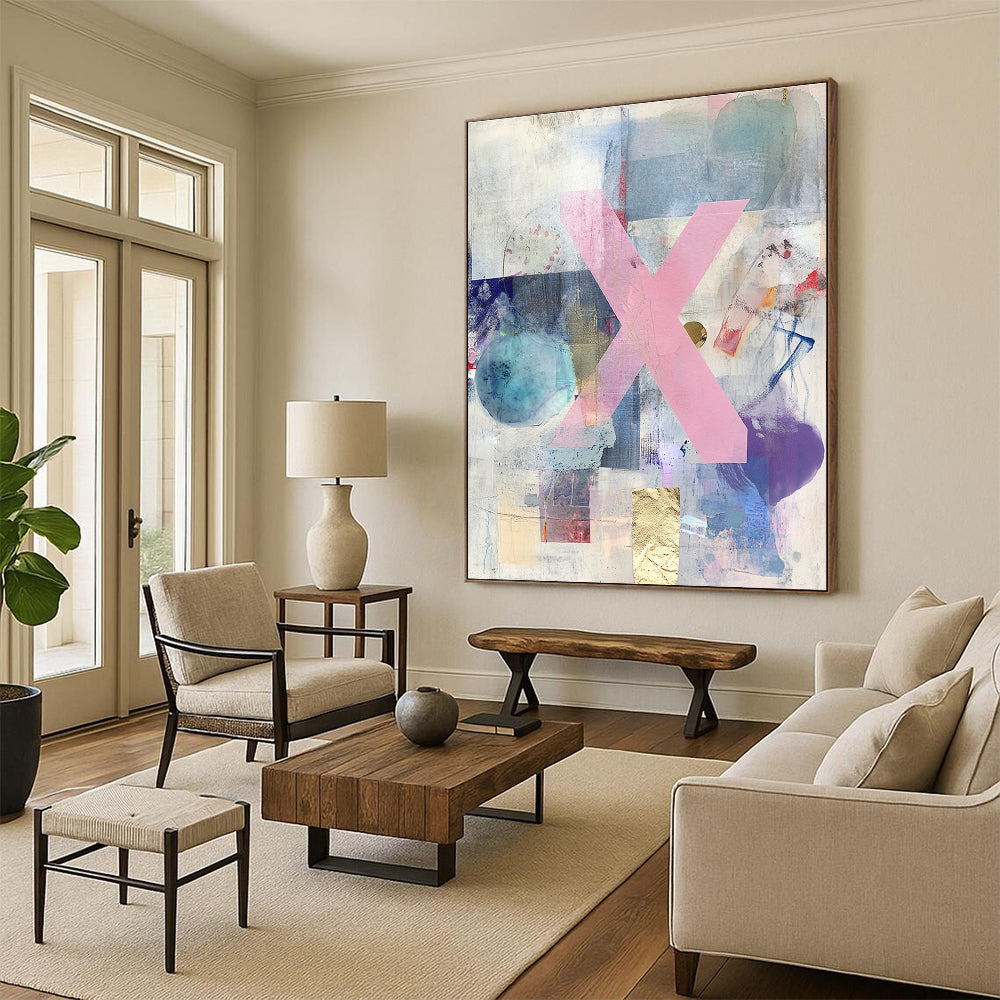 Pink X Collage Abstract Painting with Mixed Media and Gold Accents GER077