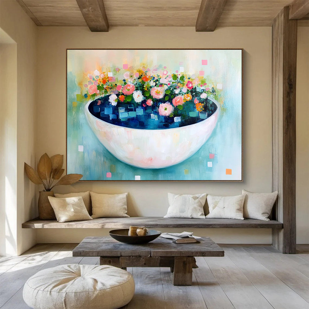 A large abstract painting featuring a bowl of blue water with flowers and leaves, adorned with pastel colors and delicate brush strokes for a whimsical touch.SC343