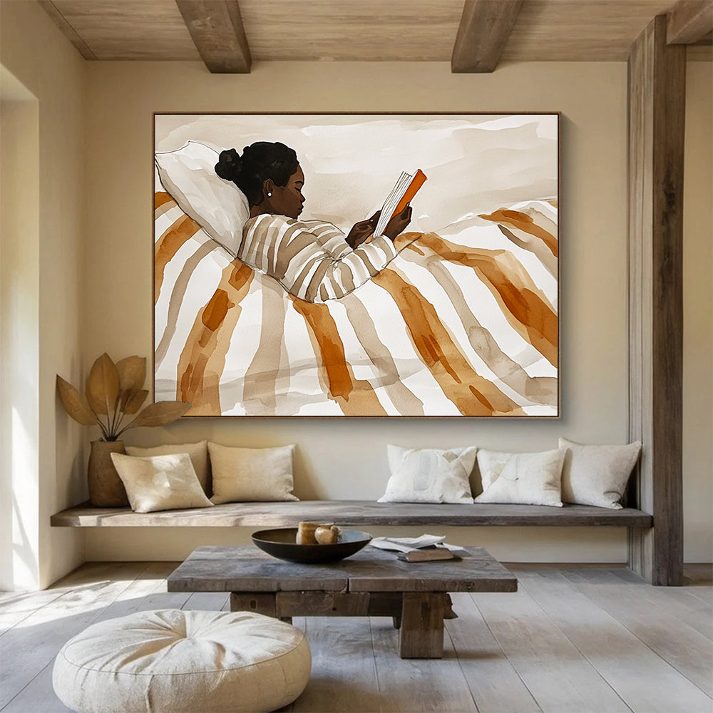 Woman Reading in Bed Watercolor Abstract Painting with Warm Neutrals DYP615