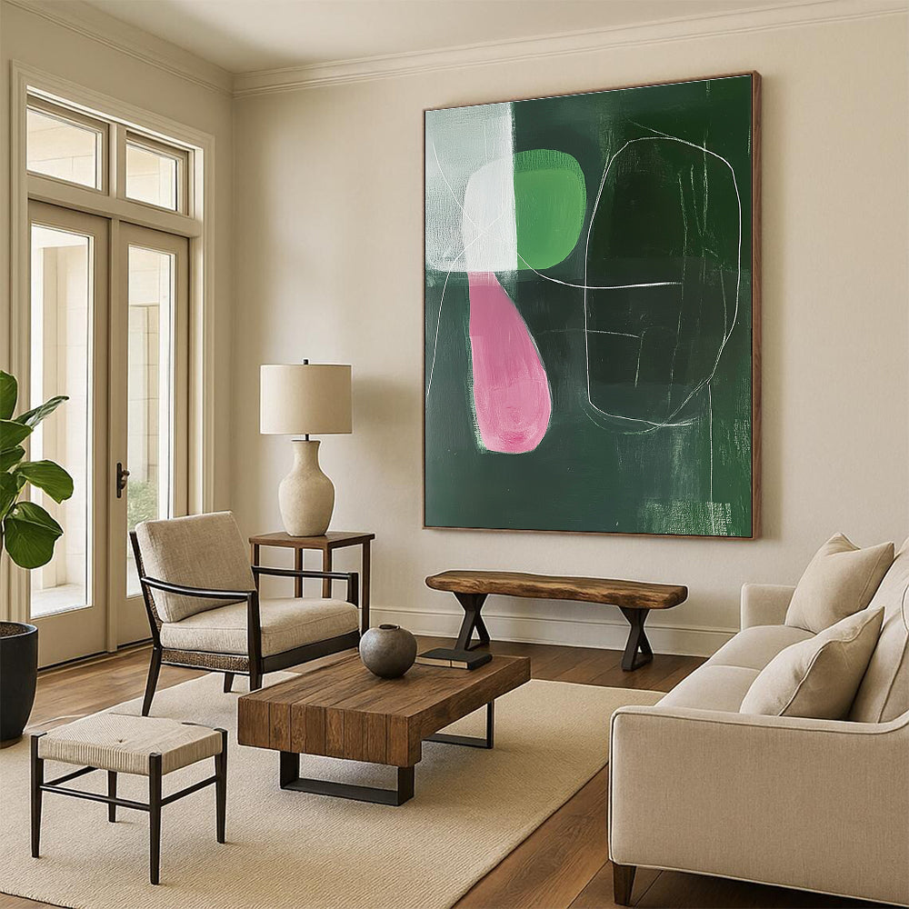 Large abstract painting featuring emerald and pink shapes with soft lighting and white lines in a minimalist Matisse-inspired style.STSC1298