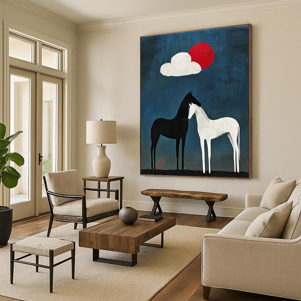 Large abstract painting featuring a black horse with white legs and tail beside another horse under an egg-shaped cloud against a blue background with a red sun.STSC916