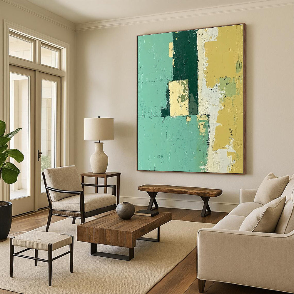 Green and Yellow Abstract Painting with Weathered Surfaces GER108