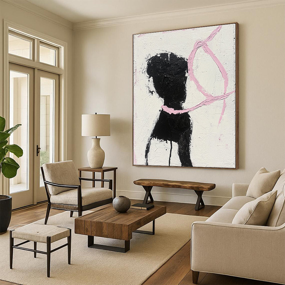 Abstract painting featuring a woman in black and white dancing with a pink ribbon surrounding her neck showcasing visible brush strokes and textured canvas.STSC1334
