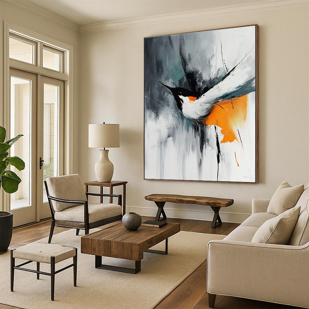 Abstract painting featuring an orange white and black bird in flight with minimalistic brush strokes on a gray background in the style of Marcin Sobas.STSC662