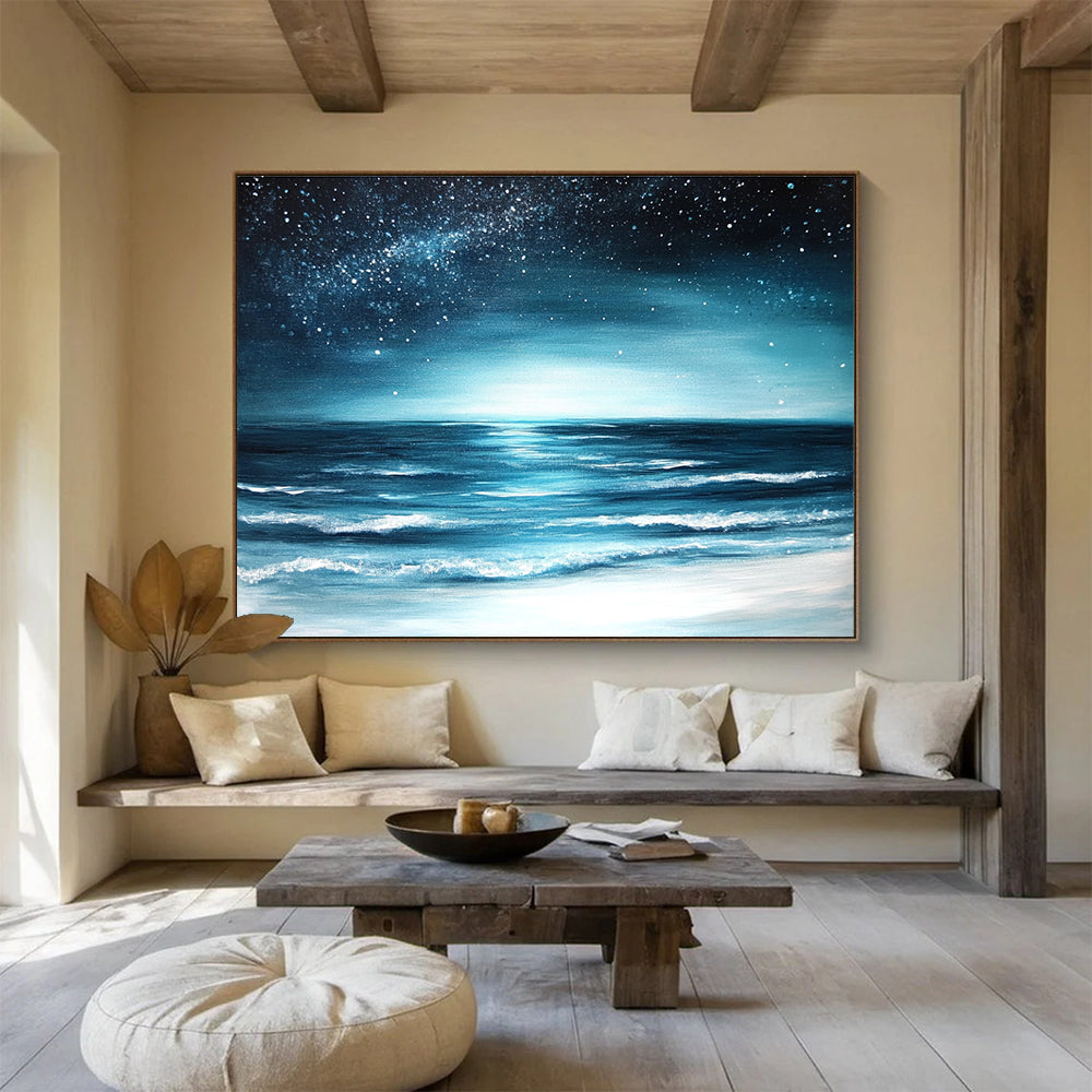 Starry Sea Abstract Painting with Deep Blue and Silver Tones DYP554