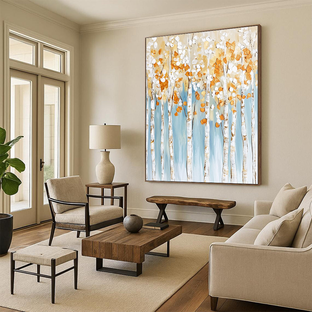 Large abstract painting featuring birch trees with white and gold leaves on a light blue background with textured brushstrokes in neutral tones.STSC302