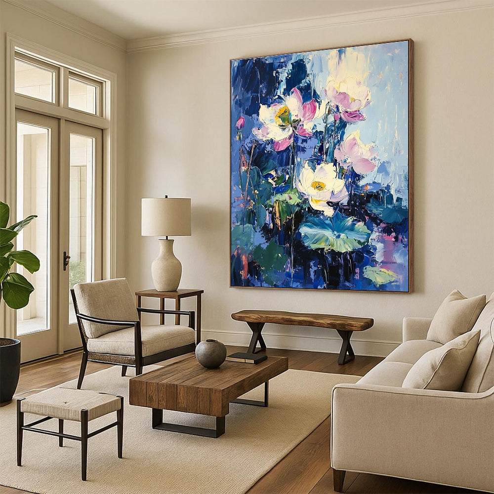 Large abstract oil painting of lotus flowers and leaves in purple and blue with impressionist style and surrealistic elements against a blue sky.STSC190