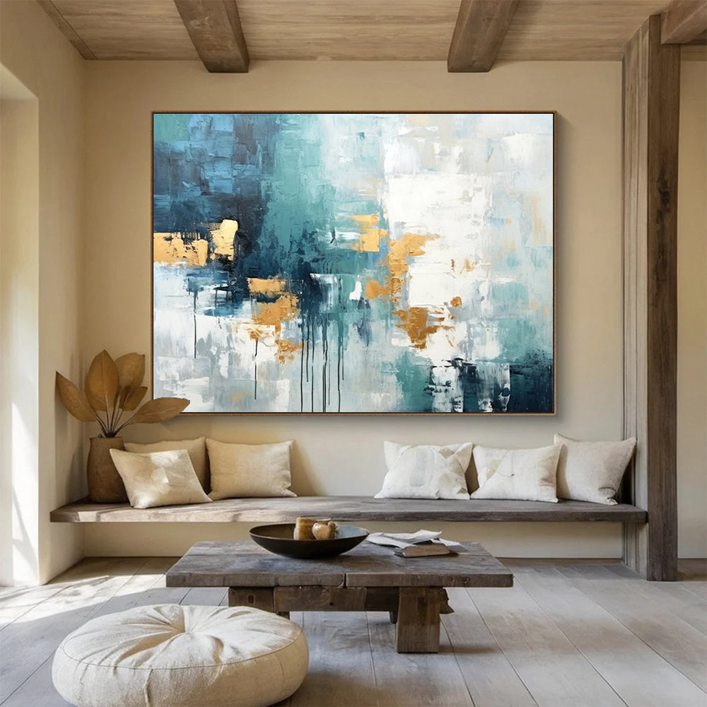 Teal Grey Gold Abstract Painting THY072