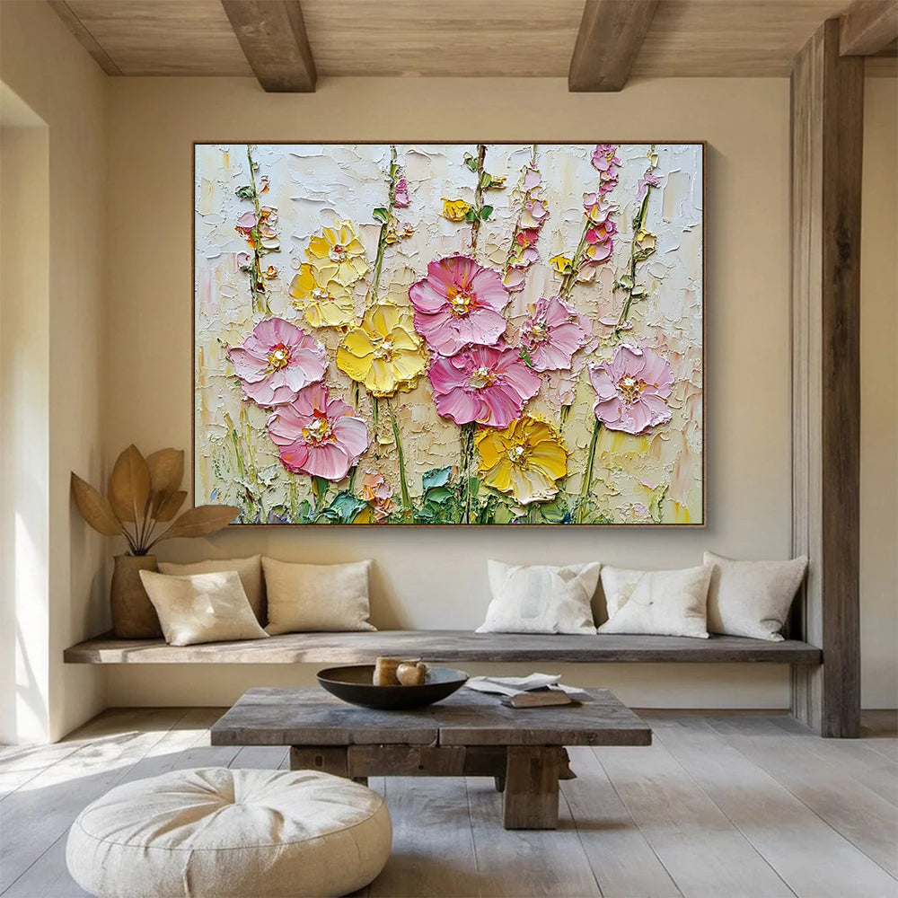 A large abstract painting featuring vibrant pink and yellow hollyhocks, detailed textures, and a rich background created with impasto technique using a palette knife.SC603