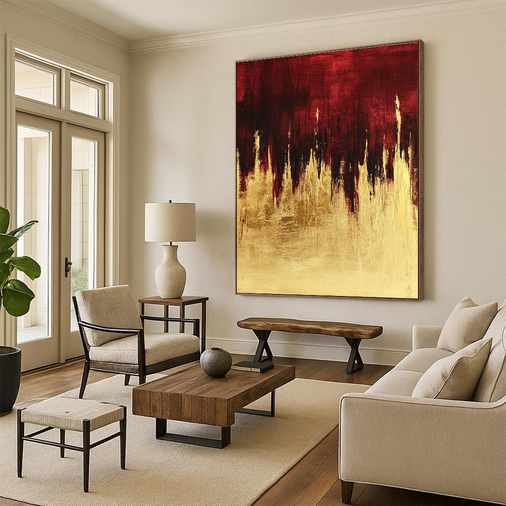 Red Gold Abstract Painting with Dramatic Drips GER729