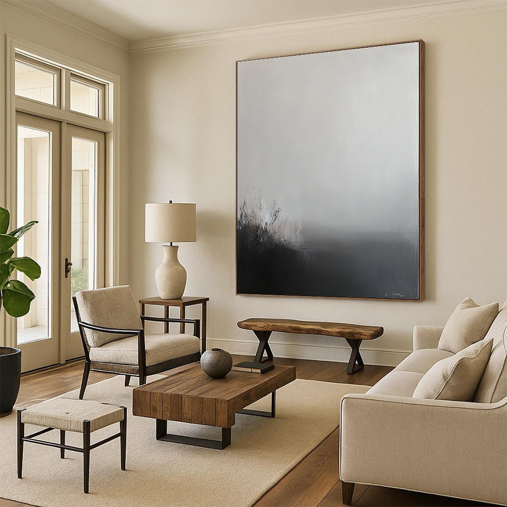 Large abstract painting featuring a grey sky and misty landscape in soft tones and neutral colors creating a calming and contemplative atmosphere.STSC288
