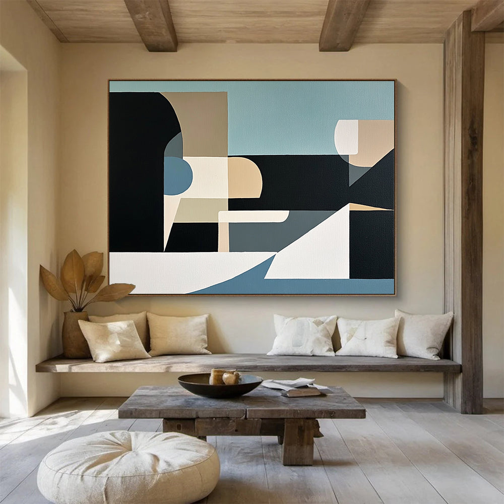 An abstract painting featuring geometric shapes and organic forms in muted tones of light blue black grey beige and white.SC512