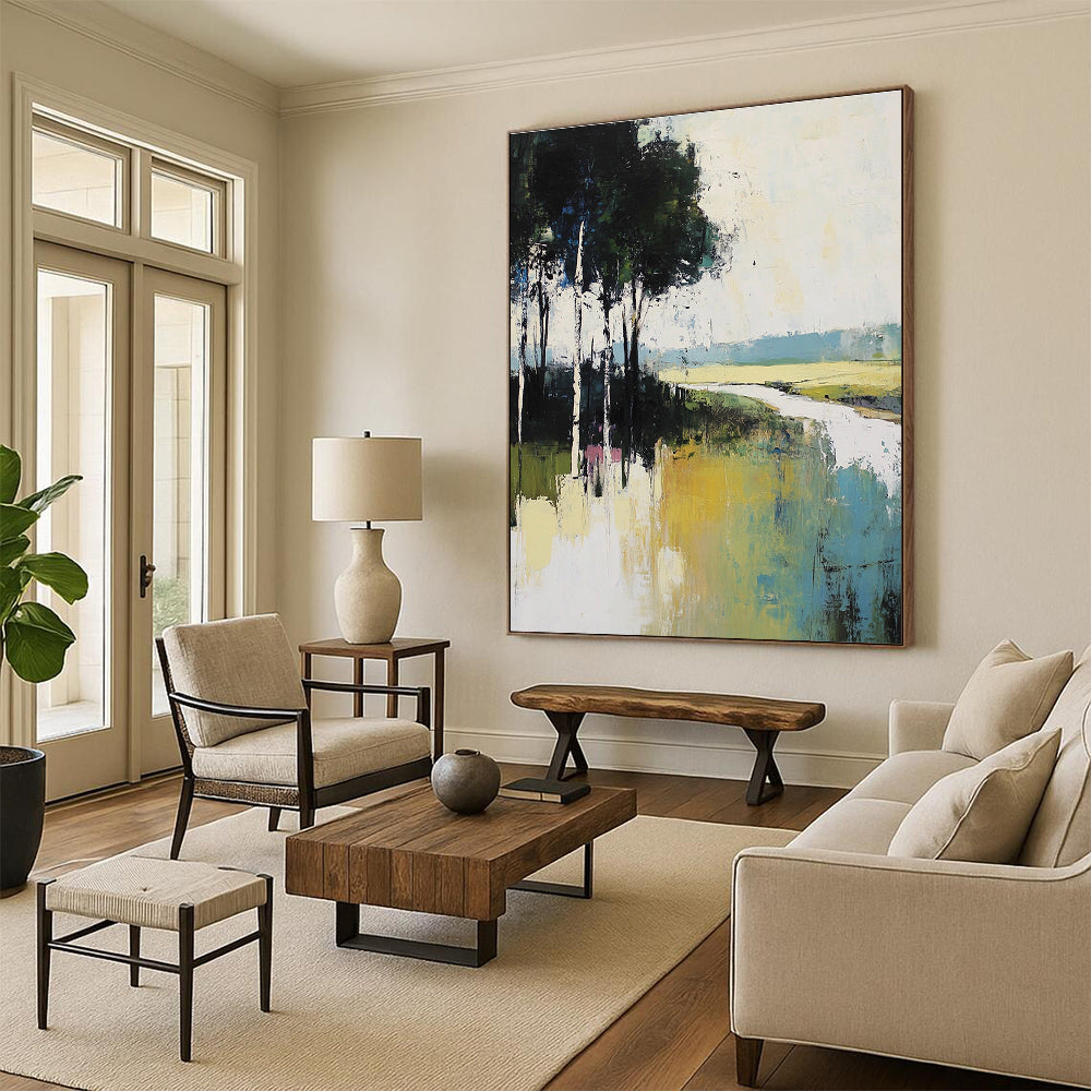 Large abstract painting featuring muted greens blues and whites depicting tranquil nature with tall trees and a serene river flowing through grassy fields.STSC100