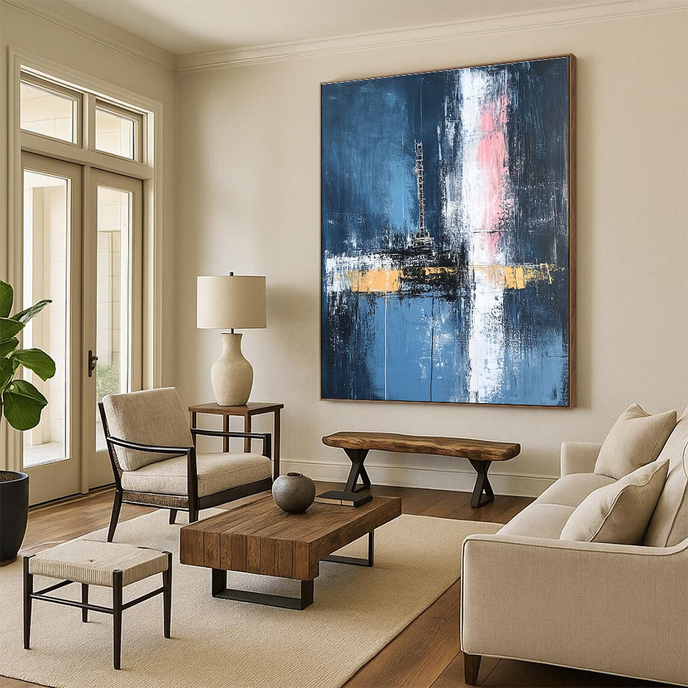 Large abstract painting depicting an oil rig in dark blue and white with hints of pink and yellow featuring loose brush strokes.STSC656
