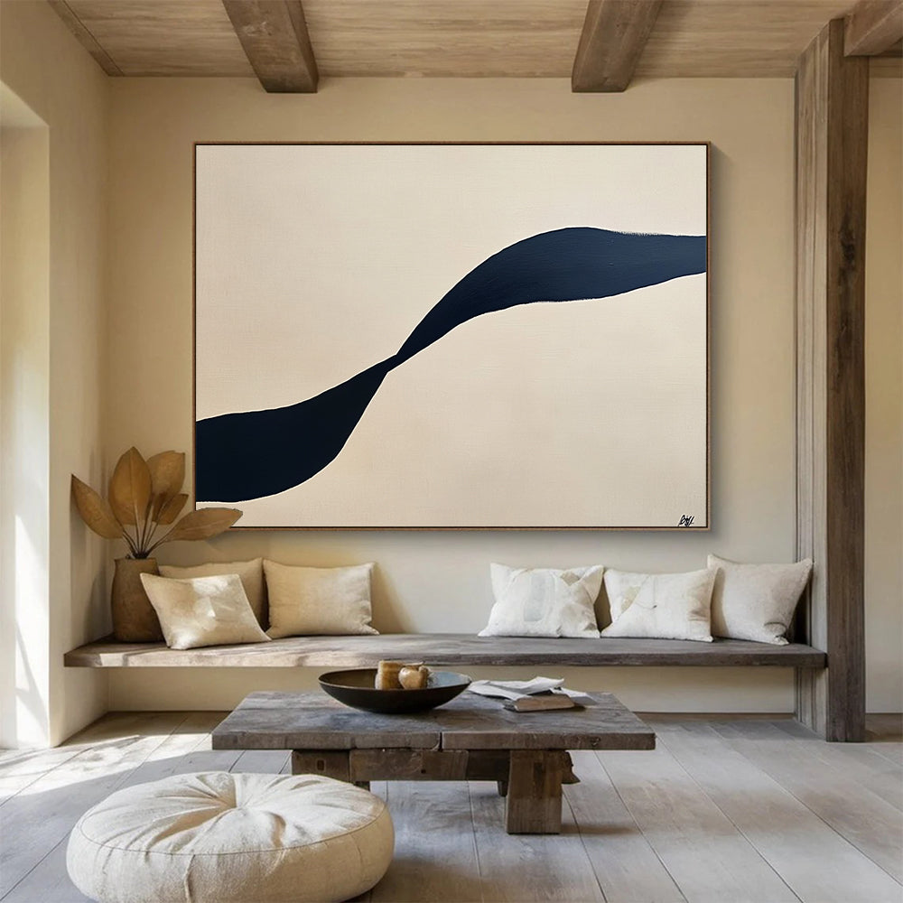 Large abstract painting featuring a single black curved line on a cream background for minimalist aesthetic appeal.SC587