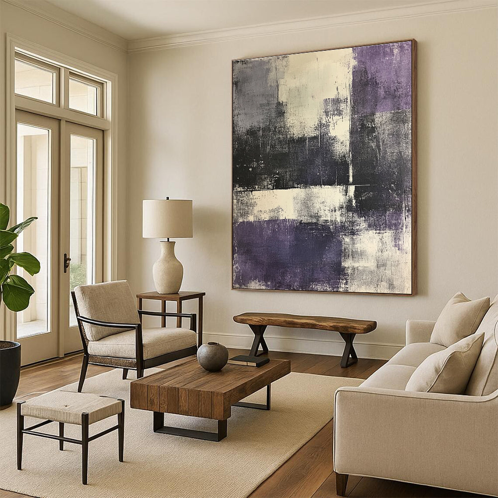 Large abstract painting in shades of gray and purple featuring an urban landscape with white elements on textured paper.STSC622