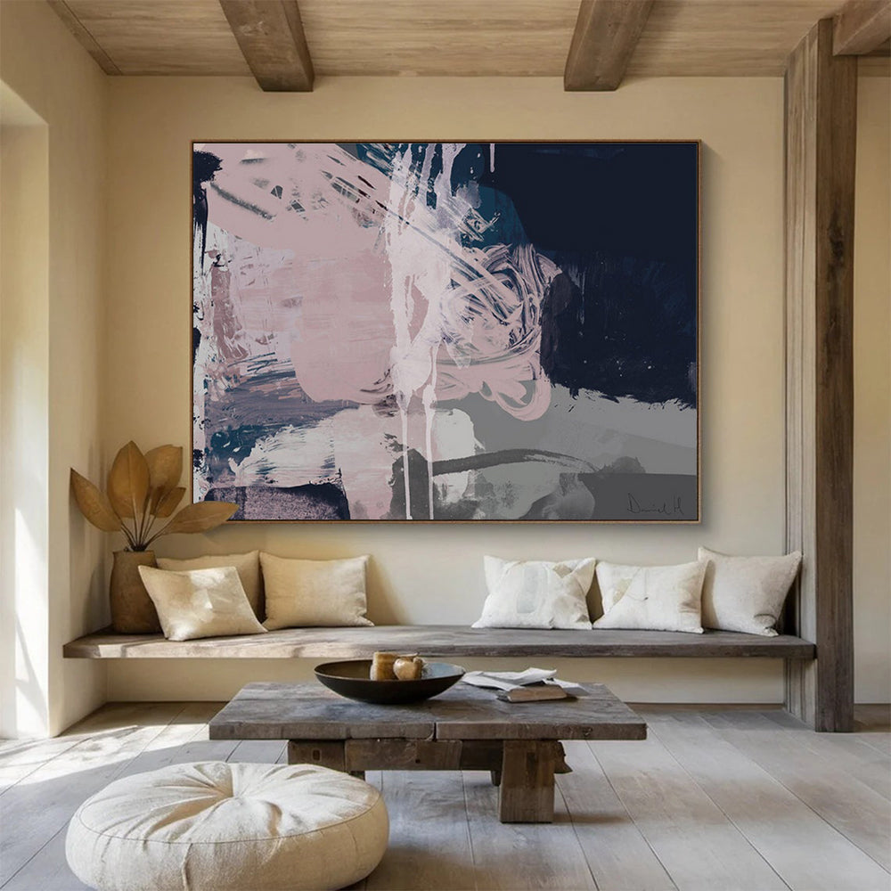 Pink and Grey Abstract Painting with Fluid Brushstrokes THY142
